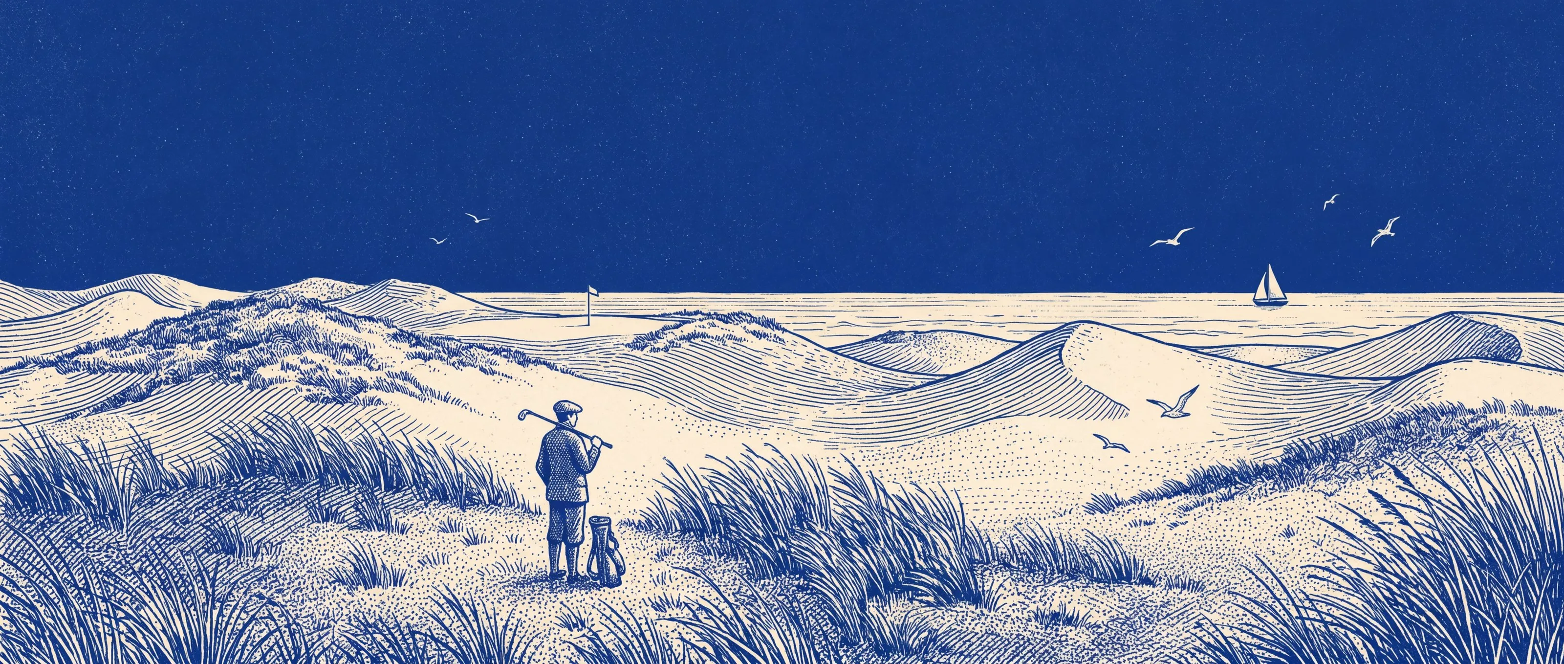 Engraving of a golfer standing in the fescue of a coastal links course, looking out to sea, with gulls and a sailboat