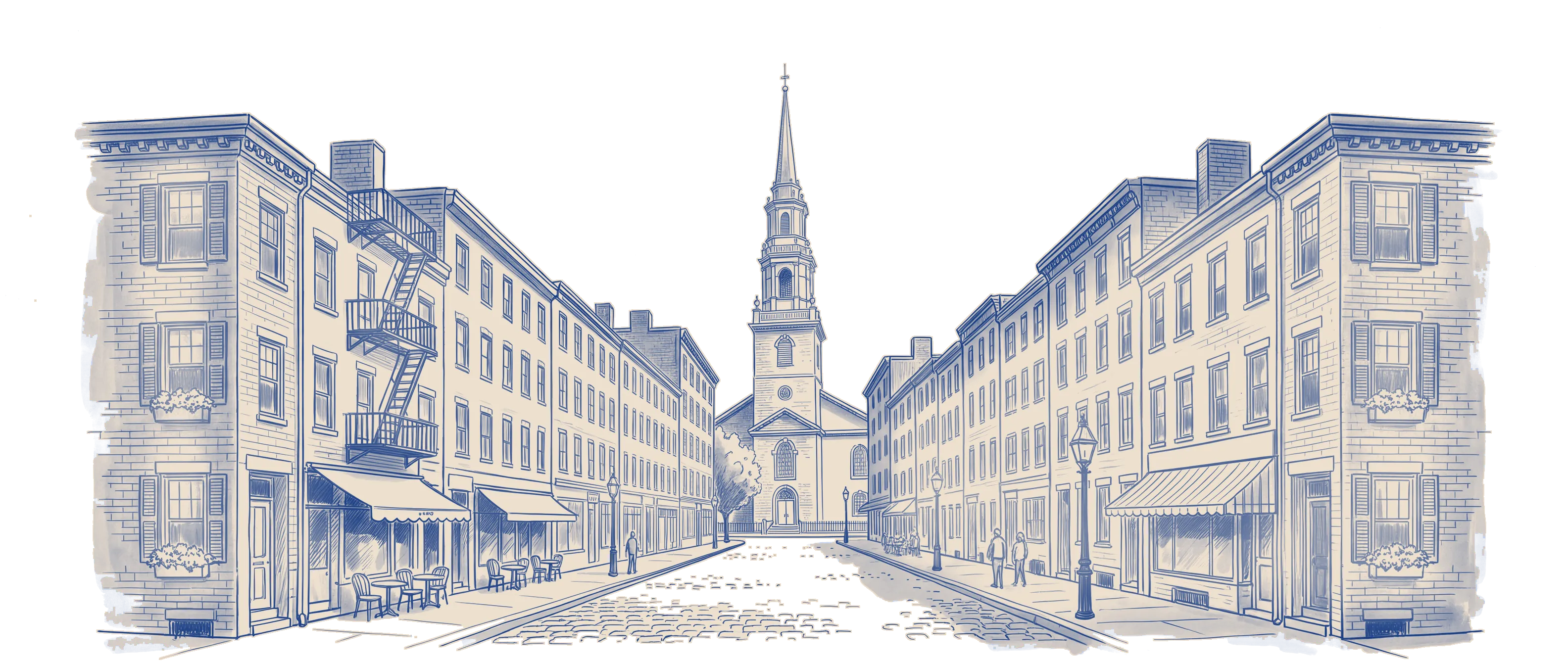 Pen-and-ink drawing of a Boston street lined with brick rowhouses, café tables and a gas lamp, leading to a white church steeple